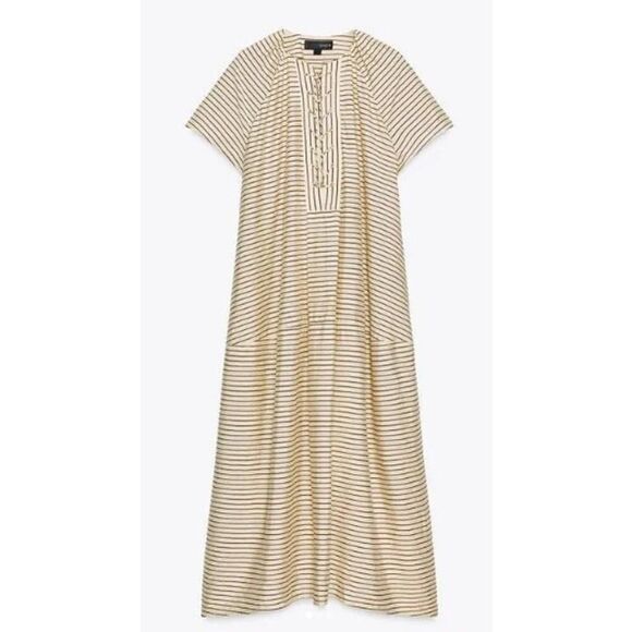 Zara ZW Collection Kaftan Tunic Maxi Dress in Butter Yellow Stripe NWT Sz. S - Picture 3 of 9